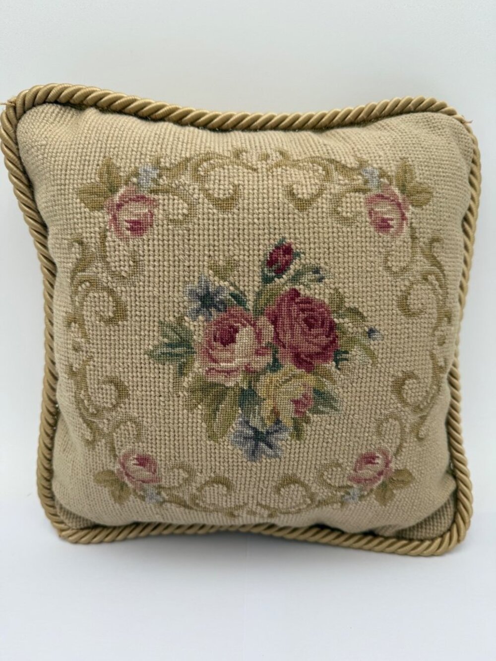 Vintage Floral Needlepoint Throw Pillow With Gold Rope Trim